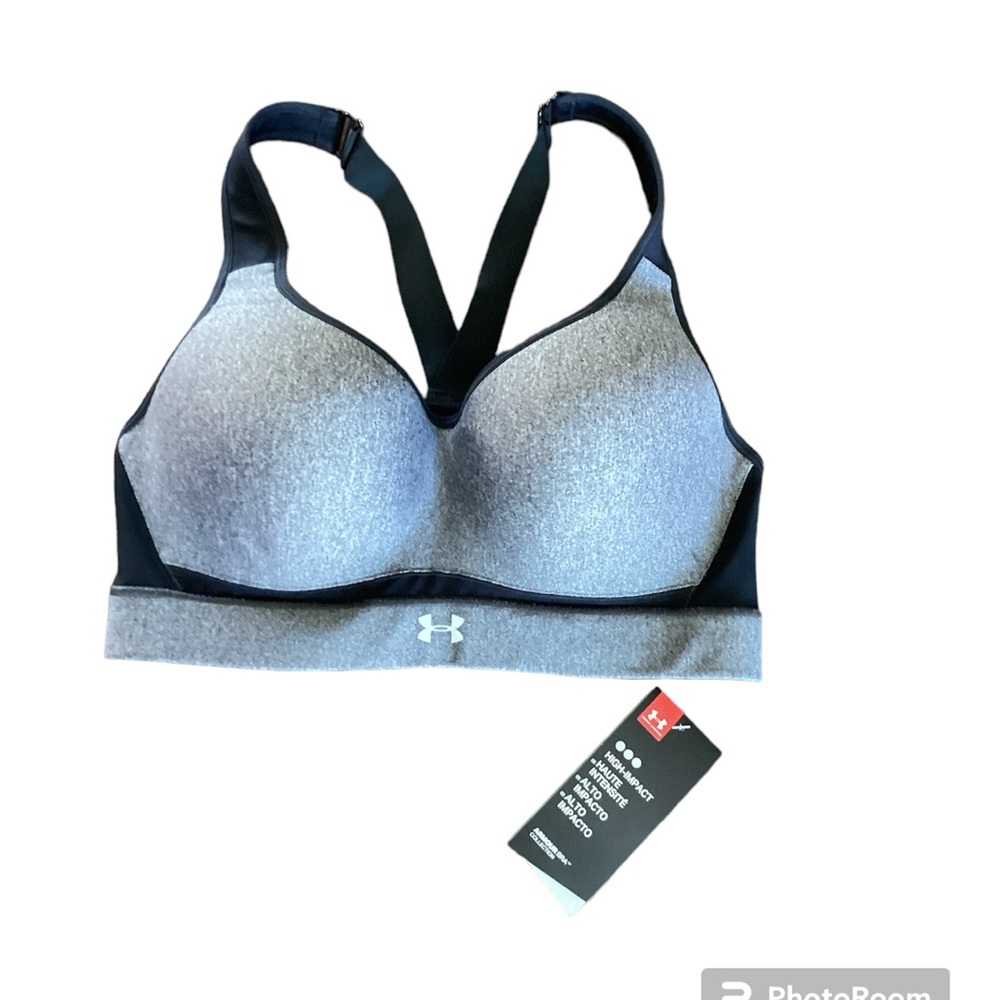 NWT Under Armour Womens High Impact Padded Sports Bra Black Grey 34D 1313285-020